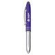 A purple stylus pen with a silver clip and tip, featuring a logo on the barrel.