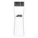A drink bottle in clear Tritan with a black lid and a logo on the front.