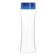 A drink bottle made of transparent Tritan with a blue lid and a sleek, curved design. It features a logo.
