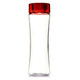 A drink bottle made of clear Tritan with a red lid. It has a sleek, curved design and a logo.