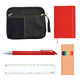 A black zippered pouch, a red notebook, a red pen, a colored pencil set, and a white ruler.