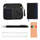 A black zippered case, a black notebook with a blue band, a silver pen, a ruler, and a set of colored markers.