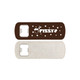 A drink bottle opener with a brown and cream design, featuring a logo and a metal opening mechanism.