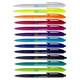 A collection of plastic pens in various colors including white, orange, pink, purple, and black. Each pen features a logo. A collection of plastic pens in various colors including white, orange, pink, purple, and black. Each pen features a logo.