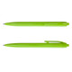A pair of bright green plastic pens with a sleek design and clip, featuring a small logo on each.