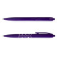 A purple plastic pen with a clickable top and a logo displayed on the barrel.