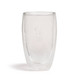A glass cup with a double wall design, featuring a frosted finish and a logo. Clear and elegant in appearance.