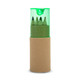 A tube containing a set of colored pencils, with a clear green top and a cardboard base.