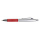A metal pen featuring a sleek silver body with a vibrant red grip adorned with decorative studs.