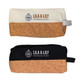 A utility pouch in cream and black, featuring a cork bottom and a zipper, with a logo on both sides.