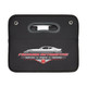 A black storage organiser with a handle and a logo featuring a car design. Ideal for office or business use.