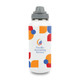 A drink bottle featuring a white background with colourful geometric patterns and a grey lid. It has a logo on the front.