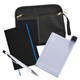 A zippered pouch containing a black notebook, a transparent drink bottle, and a pen.