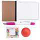 A brown notebook, a white zip pouch, a pink and white pen, a red stress ball, and a bag of colorful candies.