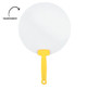 A round, transparent fan with a yellow handle, featuring a simple design and lightweight construction.