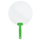 A round, white fan with a green handle, featuring a simple design. The fan has a solid circular surface.