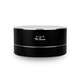 A black espresso coffee cup with a glossy finish and a silver band, featuring a logo.