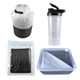 A dry bag in white and black, a clear drink bottle, a pouch, and a two-compartment container with a fork.