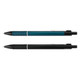 Two metal pens are displayed: one in teal with a textured grip and one in sleek black, both featuring clips and branding.