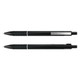 A black metal pen with a textured grip and silver accents, featuring a clip and a sleek design.
