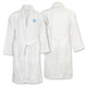 A white waffle bathrobe featuring a logo, with front and back views displayed.