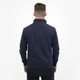 A unisex quarter zip jumper in navy blue, featuring a simple design and a collar, with a logo on the back.