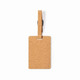 A luggage tag made of cork, featuring a simple rectangular shape and a clip for attachment.