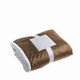 A brown and grey soft blanket folded and secured with a white band. It has a plush texture.
