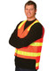 A high-visibility orange safety vest with reflective yellow stripes, worn by a smiling man.