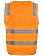 A safety vest in bright orange with reflective stripes, designed for visibility and safety. Features a logo.