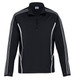 A black zip pullover featuring white side stripes and a quarter zip design, with a logo on the chest.
