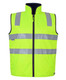 A high visibility vest in bright yellow with reflective stripes and a zip front, featuring a branding logo.