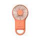 A compact orange carabiner mini fan with LED light, featuring a circular design and a small handle for attachment.