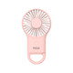 A pink carabiner mini fan with an LED light, featuring a logo and a circular design.