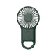 A green carabiner mini fan featuring an LED light, designed for portability with a handle for easy attachment.