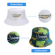 A white bucket hat with embroidery and a tropical print bucket hat with sublimation, both featuring logos.