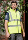 A lightweight, waterproof vest in high visibility bright yellow, featuring reflective stripes and a logo.