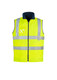 A lightweight waterproof vest in high visibility yellow, featuring reflective stripes and a zip front. It has a logo.
