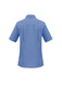 A blue women's overblouse with short sleeves and a collar, featuring a branded logo on the back.