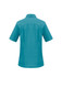 A turquoise women's overblouse with short sleeves and a collar, featuring a logo on the back.
