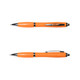 An orange metal pen with a shiny silver clip and trim, displayed from two angles.
