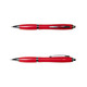 A metal pen in vibrant red with silver accents, featuring a sleek design and a clip for easy attachment.