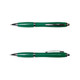 A green metal pen with a sleek design and chrome accents, featuring a clip and a pointed tip.