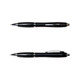 A black metal pen with silver accents and a clip, featuring a sleek design. The image displays two angles of the pen.