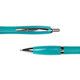 A metal pen in a vibrant turquoise color with a shiny silver clip and tip. It features a sleek design.