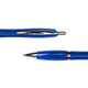A blue metal pen featuring a shiny silver clip and tip, with a sleek design. It has a logo on the side.