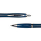 A blue metal pen with a sleek design and silver accents, featuring a clip and a retractable tip.