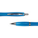 A blue plastic pen with a shiny silver clip and trim, showcasing its top and pointed ends.