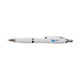 A white plastic pen with a silver clip and a branding logo.