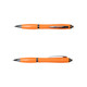 An orange plastic pen with chrome accents, featuring a clip and retractable ballpoint tip.